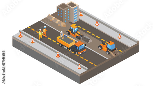 Isometric view of road construction with workers machinery and building in the background scene view