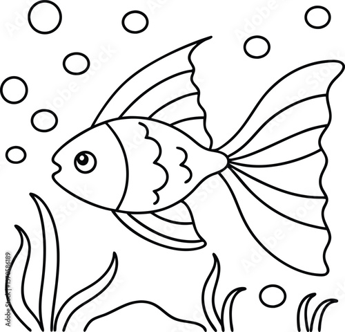 A fish swims among bubbles and aquatic plants underwater black and white