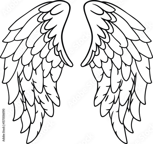 Angelic feathered wings spread wide white black outline