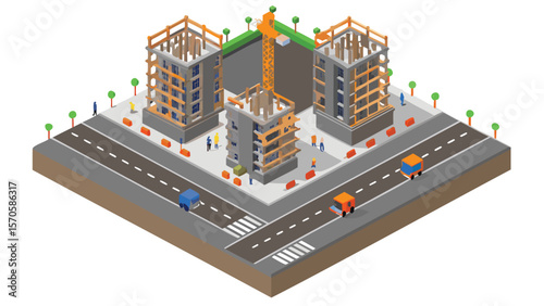 Isometric view of buildings under construction with crane and road traffic in urban environment