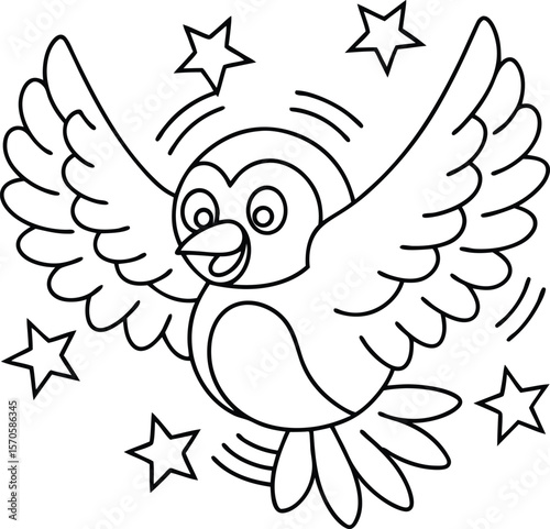 Cheerful bird with wings spread surrounded by stars flying happy