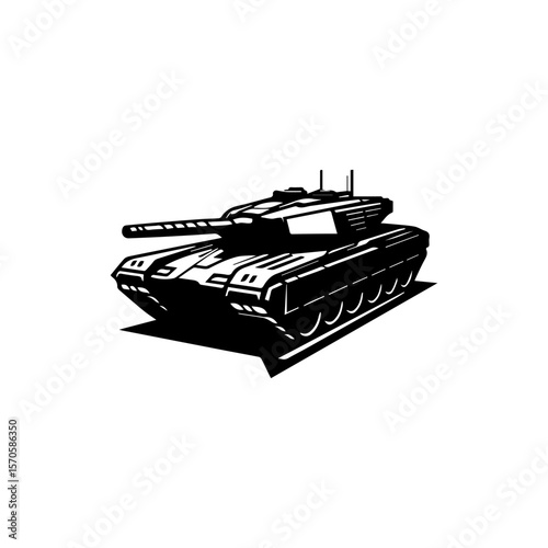 A powerful black and white illustration of a modern battle tank.