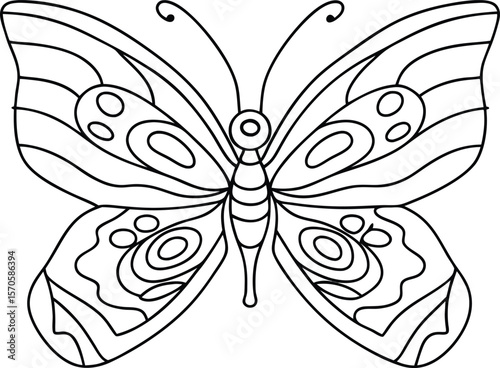 Ornate butterfly outline with swirling patterns and eye spots insect black and white