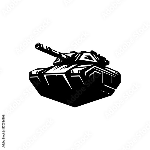 A powerful black and white illustration of a military tank, viewed from a slightly elevated angle.