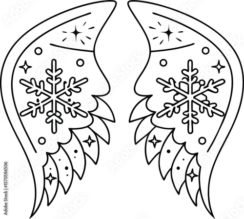 Stylized angel wings with snowflakes and stars celestial winter
