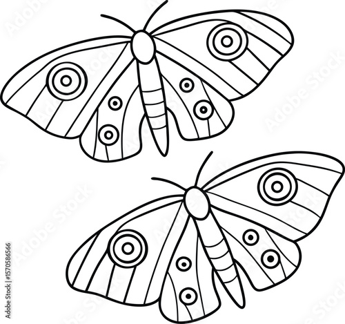 Two stylized moths with circular eye markings and striped wings insect eyespots