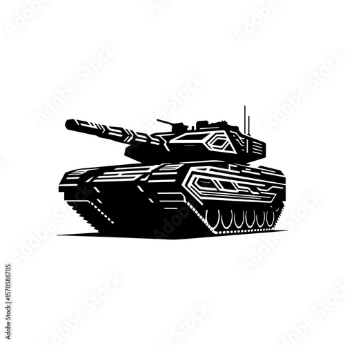 A stylized black and white illustration of a military tank, ready for action.