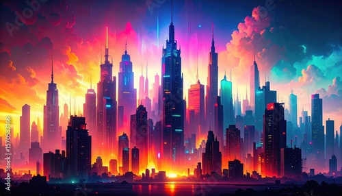 Vibrant Futuristic City Skyline At Sunrise