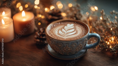 Ultra quality image of warm Latte Art with Candles and Festive Lights.