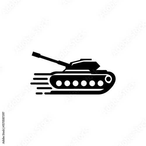 A stylized black and white illustration of a tank moving rapidly.