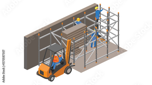 Isometric view of construction site with workers on scaffolding and forklift moving materials around area