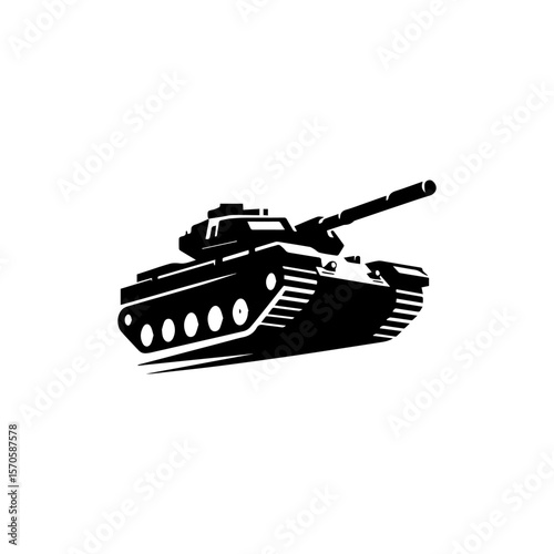 Silhouette of a military tank in motion, showcasing its powerful design.