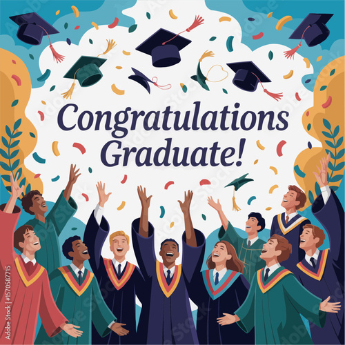 Multicultural Graduates Tossing Caps in Air