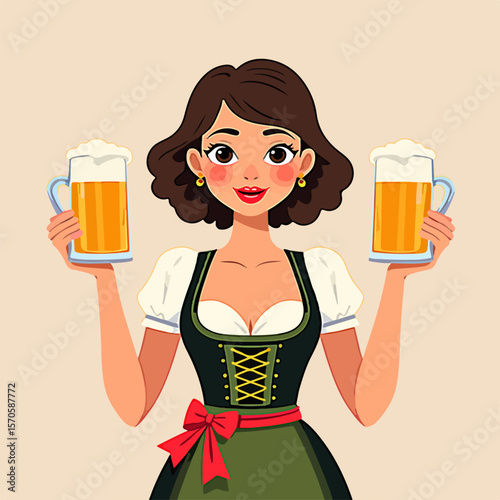 From the series "oktoberfest", girl with dirndl holds beer mugs on isolated light brown  background