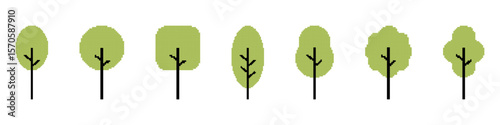 Set of Tree templates in pixel art style. Green arboreal silhouettes. Deciduous, foliage, labels. Isolated on white background