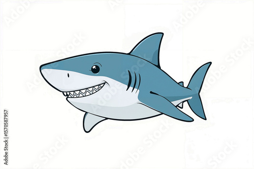 Cheerful cartoon shark grinning against white background