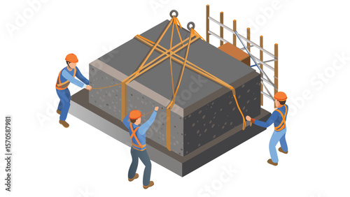 Isometric view of construction workers moving a large concrete block with straps and scaffolding present