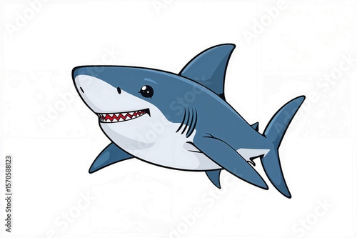 Cheerful cartoon shark grinning on white background