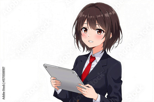 Confident businesswoman anime character with tablet