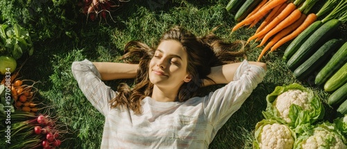 The woman relaxing amidst fresh vegetables in a vibrant green garden.