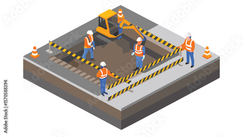 Isometric view of construction site with workers excavator and safety barriers surrounding excavation area