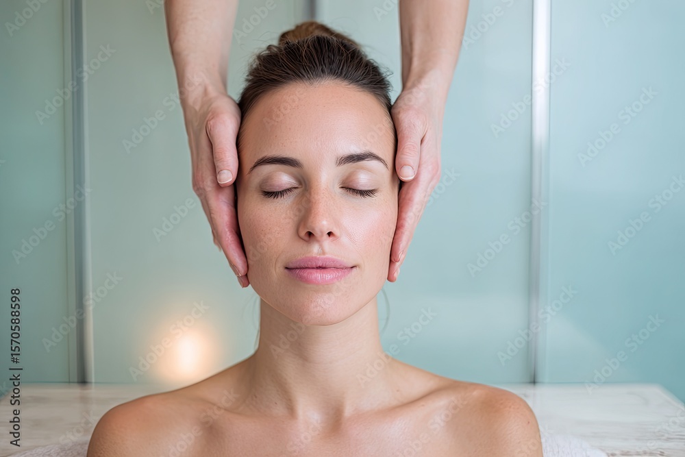 Naklejka premium A woman receiving a wellness consultation in a spa-like clinic with ambient rim lighting and soft pastel background