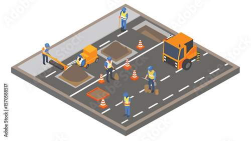 Isometric view of road construction with workers, truck, cones, and excavated areas displayed clearly