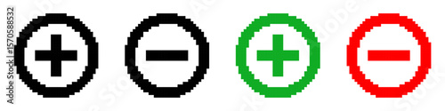 Set of Plus Minus Button templates in pixel art style. Add subtract controls. Interface elements, zoom icons, labels. Isolated on white background
