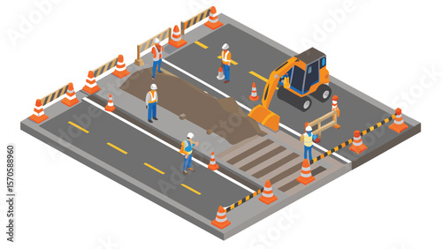 Isometric view of road construction site with workers excavator and safety cones in a street scene