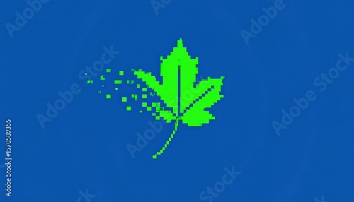 Pixelated Green Maple Leaf Dissolving On Blue Background