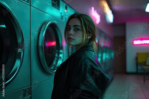 A young adult contemplating life at a laundromat neon signage reflecting off polished metal washers side lighting with