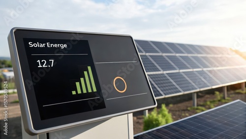Solar power for households and agriculture Solar energy monitor displaying data alongside solar panels in a bright environment.