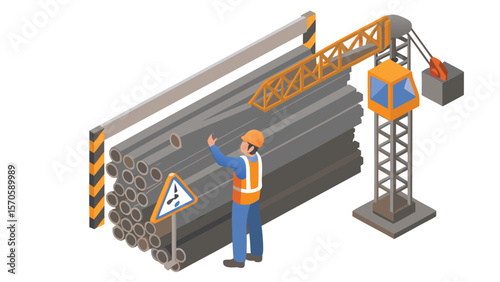 Isometric view of construction worker inspecting pipes near crane and hazard sign at a building site
