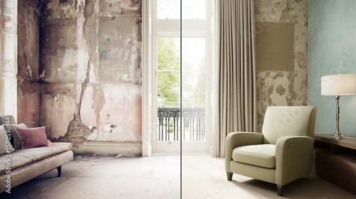 Side-by-side room transformation showing worn outdated decor versus fresh modern furnishings under soft natural lighting.