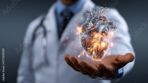 A medical professional holds a glowing holographic projection of a human heart representing the role of empathy and technology in modern healthcare