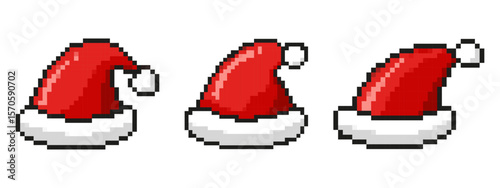 Set of Santa Hat templates in pixel art style. Red festive headgear. Christmas cap, holiday attire, labels. Isolated on white background.