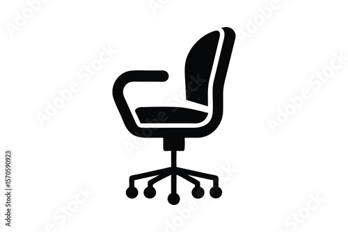 Modern black office chair icon with five wheels and armrests on a white background symbolizing comfort and productivity