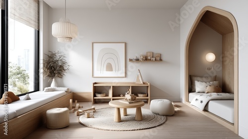 A cozy, minimalist children's room with natural wood elements, soft textures, a reading nook, and playful decor in neutral tones.