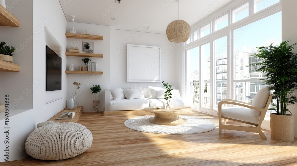 Fototapeta premium Bright, modern living room with cozy furniture, natural light, wooden flooring, and minimalist decor featuring plants and neutral tones.