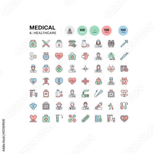 Collection of medical and healthcare icons in various colors and styles