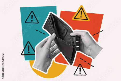 empty wallet held by person expressing financial struggles amidst warning signs and colorful shapes symbolizing caution and economic awareness