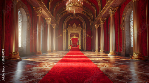 Red carpet leading to a king thrones inside of the palace castle