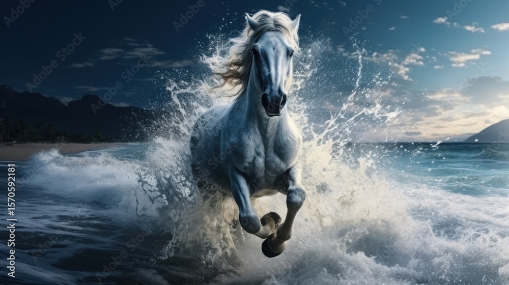 Obraz premium White horse galloping on the ocean under moonlight creating splashes of water with a serene backdrop of the night sky and full moon