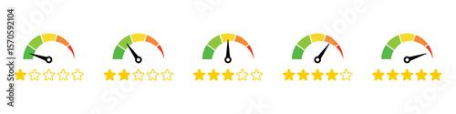 Set of speedometer icons with star rating. Speedometer, gauge meter icons with stars. Level of performance.