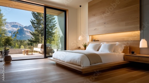 A modern bedroom with a large bed, wooden flooring, and a sliding glass door opening to a balcony with mountain views and outdoor seating.