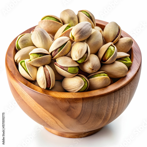pistachio nuts in a wooden bowl on a transparent