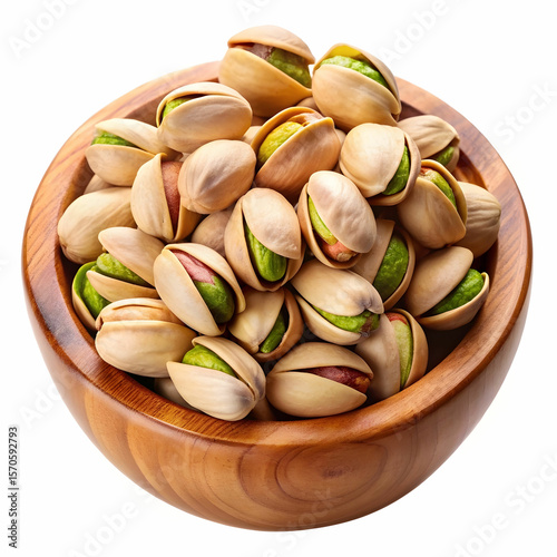 pistachio nuts in a wooden bowl on a transparent