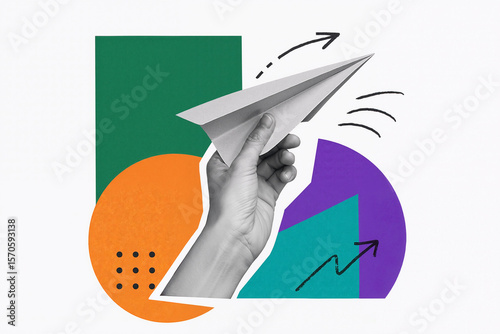 Modern collage of hand launching paper airplane with colorful geometric shapes and growth arrow, symbolizing new beginnings, innovation, and upward trajectory