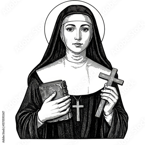 black and white nun holding cross and book clip art preview