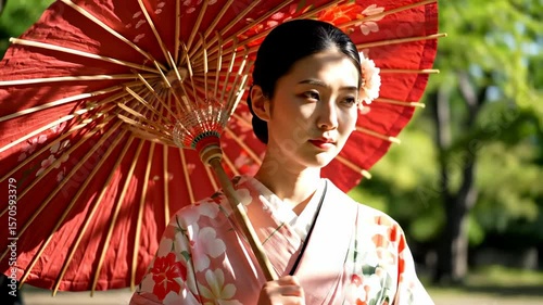 A spring portrait of a beautiful Japanese woman in kimono with a red traditional umbrella